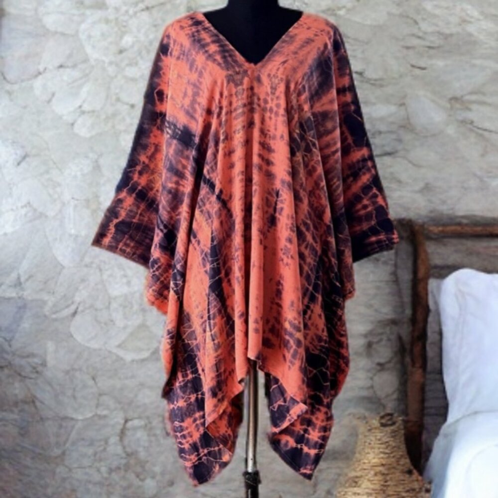 Coral Blue Hand Tie Dyed Dolman Sleeve Cover Up Poncho Top (#25)